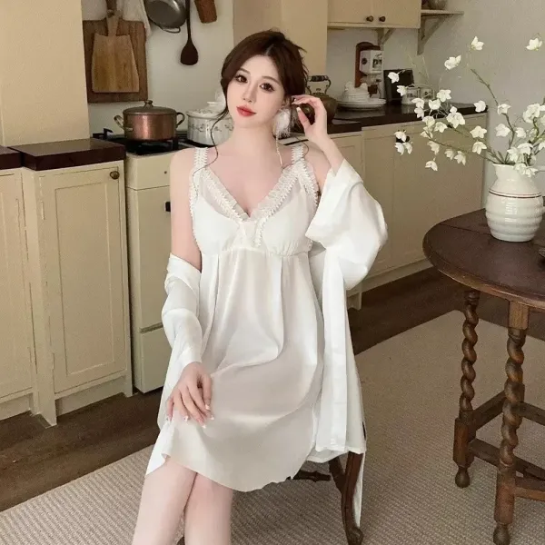 White Lace-Trimmed Slip Dress with Detachable Sleeve Overlay Sleepwear - 1