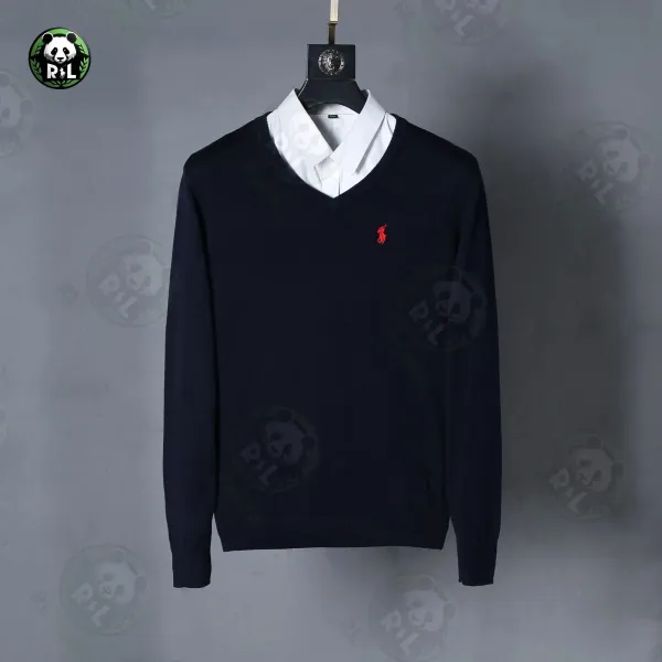 Ralph Lauren V-Neck Sweater Navy with Green Pony Logo - 5