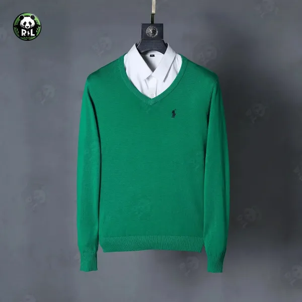 Ralph Lauren V-Neck Sweater Navy with Green Pony Logo - 9