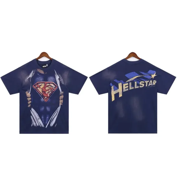 Hellstar x Superman撕裂效果印花深蓝T恤 - 1