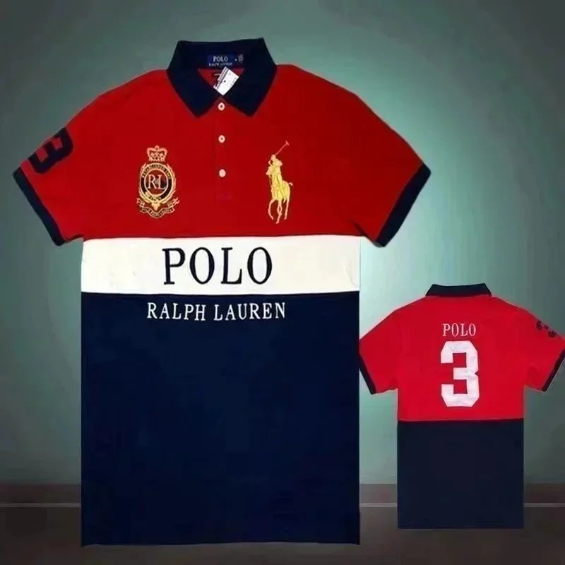 Polo Ralph Lauren Shirts City Embroidered Short-Sleeve Shirt with Number Graphic — White and red polo shirt