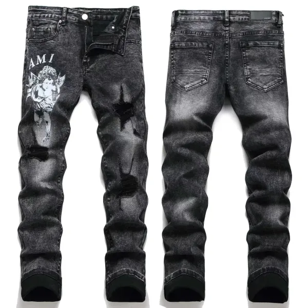 AMI Paris Angel Print Distressed Black Jeans - 1