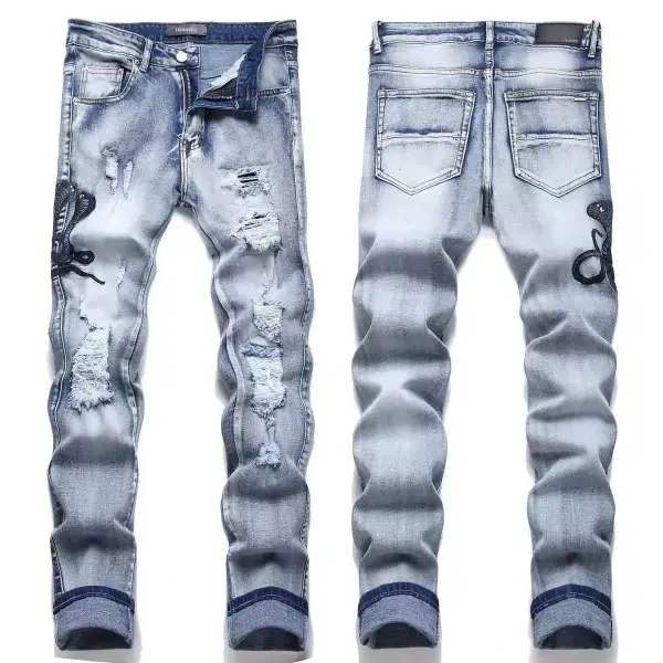 Gallery Dept x Snake Embroidery Distressed Slim Fit Light Wash Jeans - 1