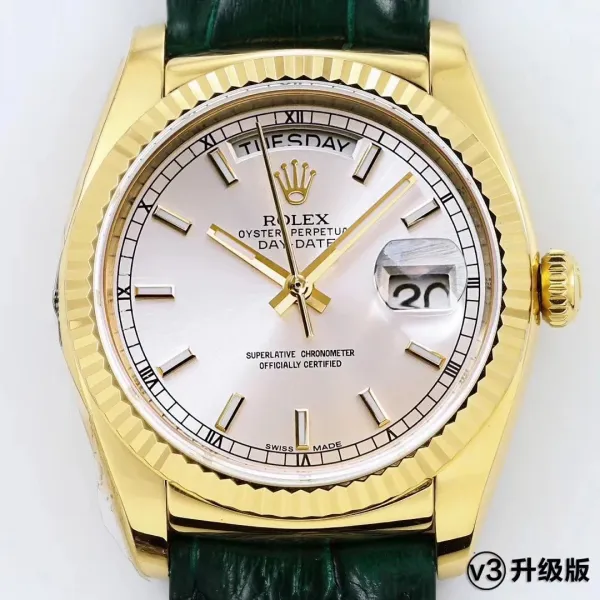 Rolex Day-Date 18K Yellow Gold Silver Dial Green Alligator Strap Mechanical Watch - 1