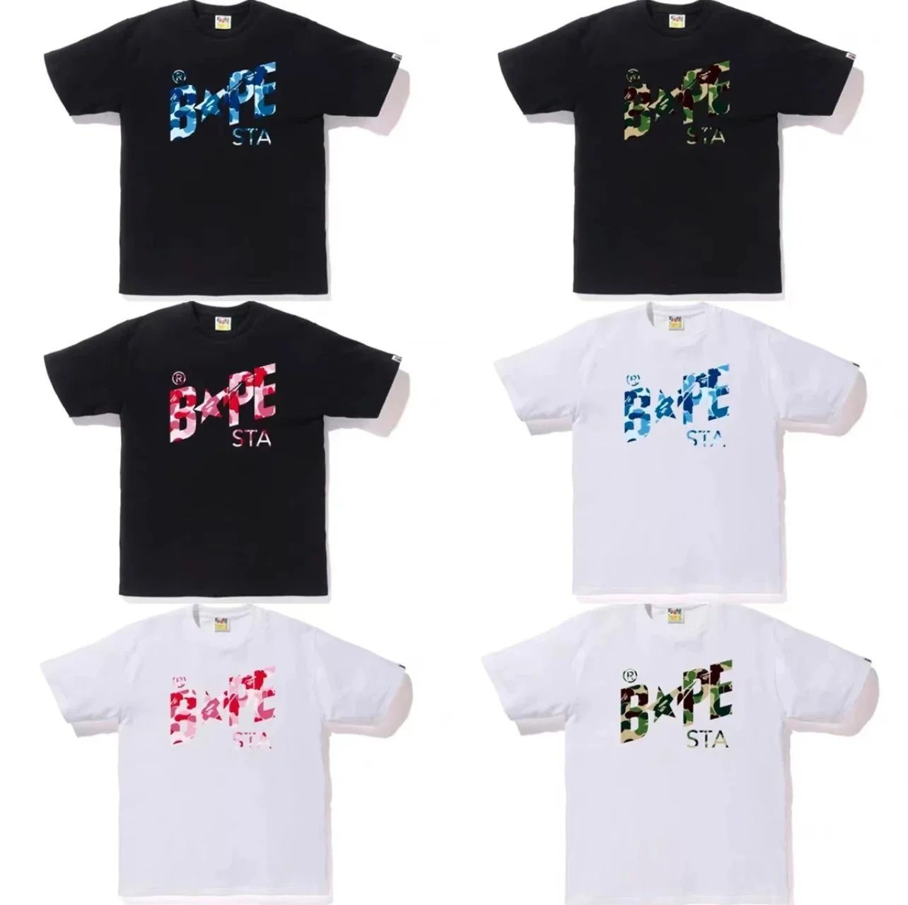 A BATHING APE Black and White T-Shirts with Camo Logo Design