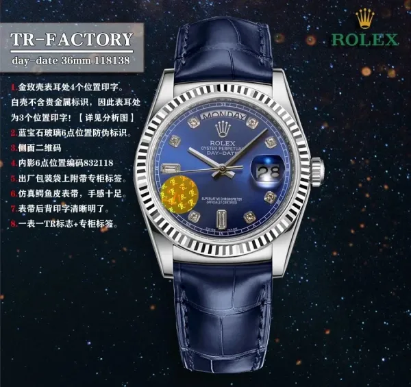 Rolex Day-Date 36mm Blue Dial with Diamond Hour Markers Mechanical Watch - 1