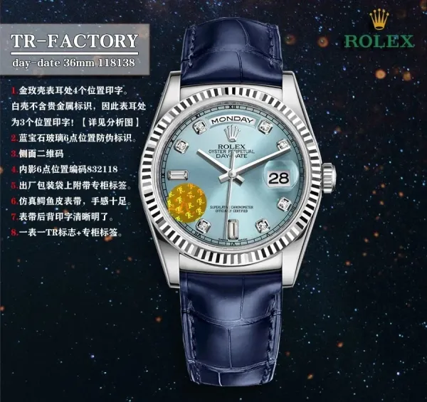 Rolex Day-Date 36mm Ice Blue Dial with Diamond Hour Markers Mechanical Watch - 1