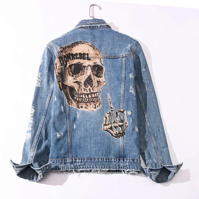 RenFeng Jackets Distressed Skull Graphic Denim Jacket product detail image 2