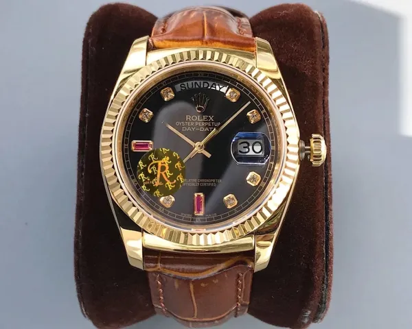 Rolex Day-Date II Black Dial Gold Case with Gem-Set Hour Markers and Brown Alligator Strap Mechanical Watch - 1
