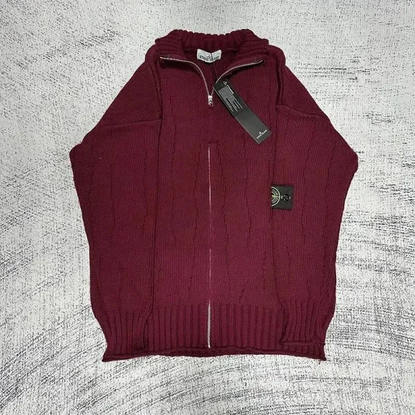 Stone Island Cable Knit Zip-Up Sweater Burgundy - 1