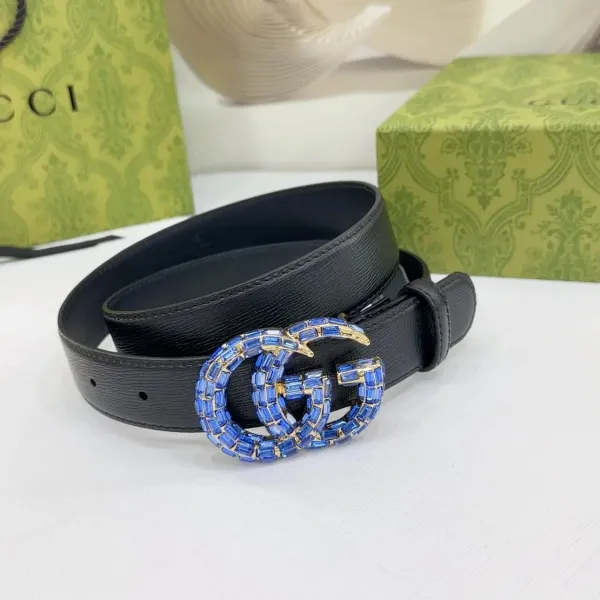 Gucci Marmont Double G Crystal-Embellished Black Leather Belt - 1