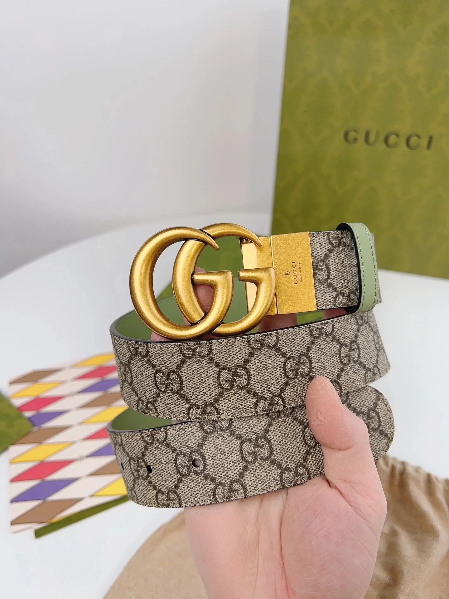 Gucci Marmont GG Belt Beige Green Canvas Belt