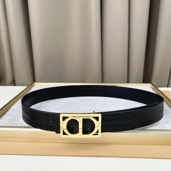 Dior CD Oblique Black Leather Belt with Gold-Tone Buckle - 1