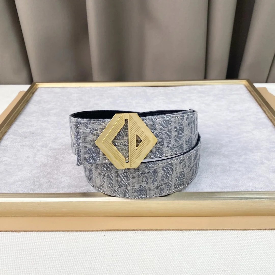 Dior Oblique Monogram Gray Canvas Belt with Gold-Tone Hexagonal Buckle