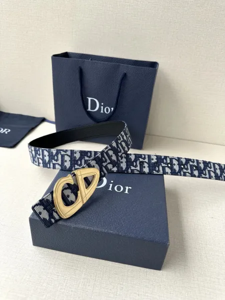 Dior Oblique Canvas Belt Navy Blue with Gold-Tone CD Buckle - 1