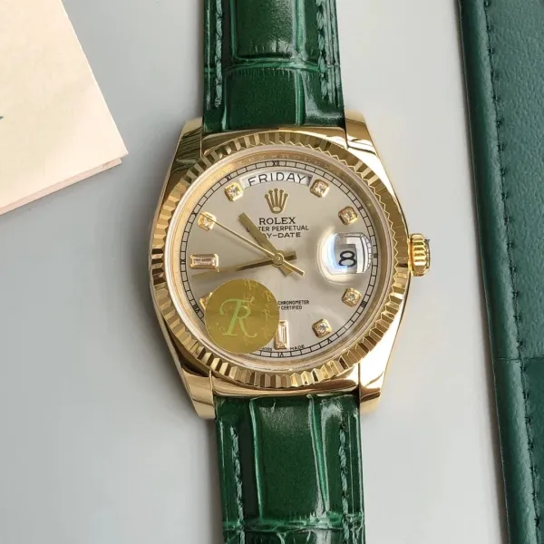 Rolex Day-Date 18K Yellow Gold Silver Dial Green Alligator Strap Mechanical Watch - 5