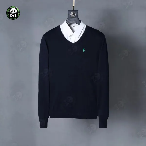 Ralph Lauren V-Neck Sweater Navy with Green Pony Logo - 1