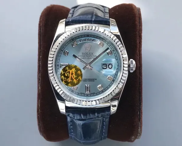 Rolex Day-Date II Ice Blue Mother-of-Pearl Dial with Diamond Hour Markers and Blue Alligator Strap Mechanical Watch - 1