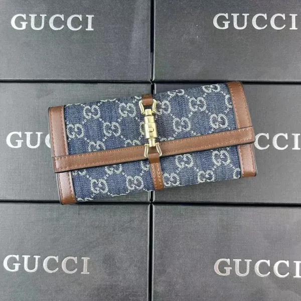 Gucci GG Marmont Denim Long Wallet with Brown Leather Trim - 1