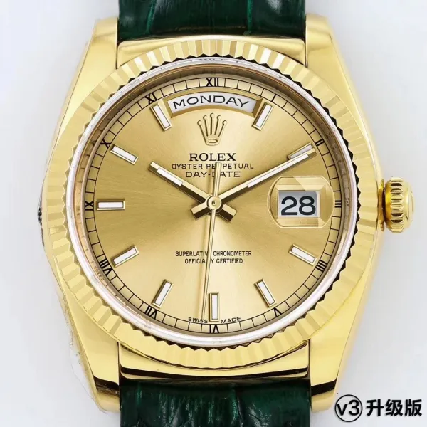 Rolex Day-Date 18K Yellow Gold Champagne Dial with Green Alligator Strap Mechanical Watch - 1