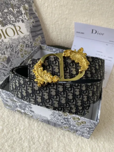 Dior Dioriviera Oblique Canvas Belt Gold Baroque Buckle Black Beige - 1