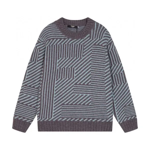 Fendi Geometric Intarsia Knit Sweater in Charcoal and Sky Blue - 1