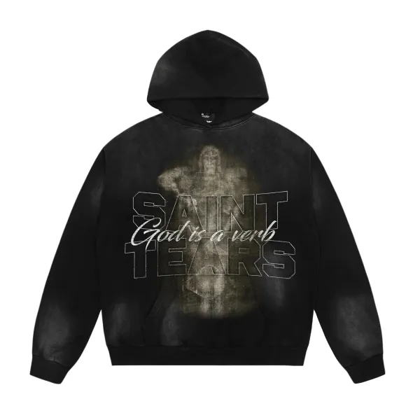 Saint Tears God Is A Verb Distressed Black Hoodie - 1