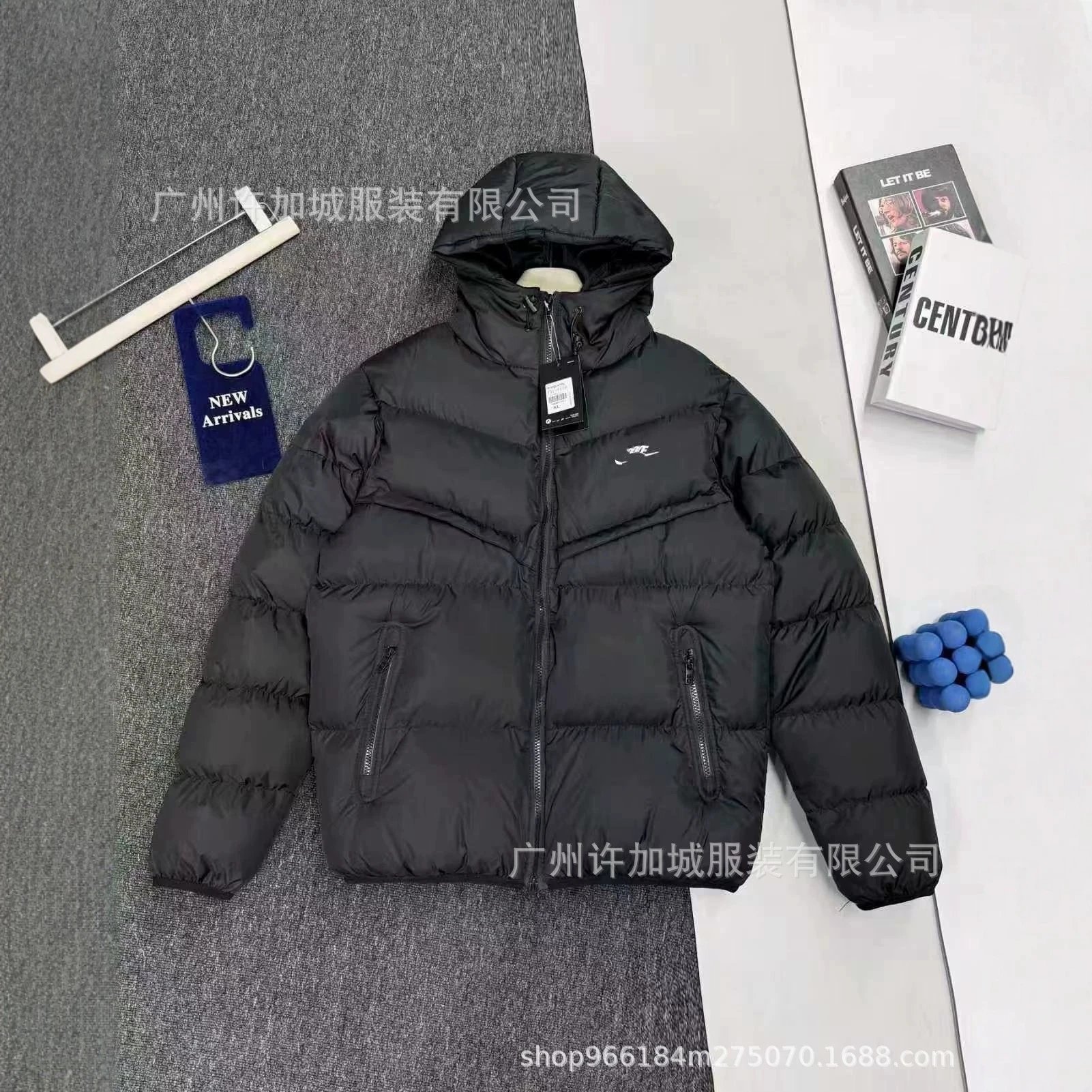 Hooded Down Cotton Jacket with Color Block Patchwork