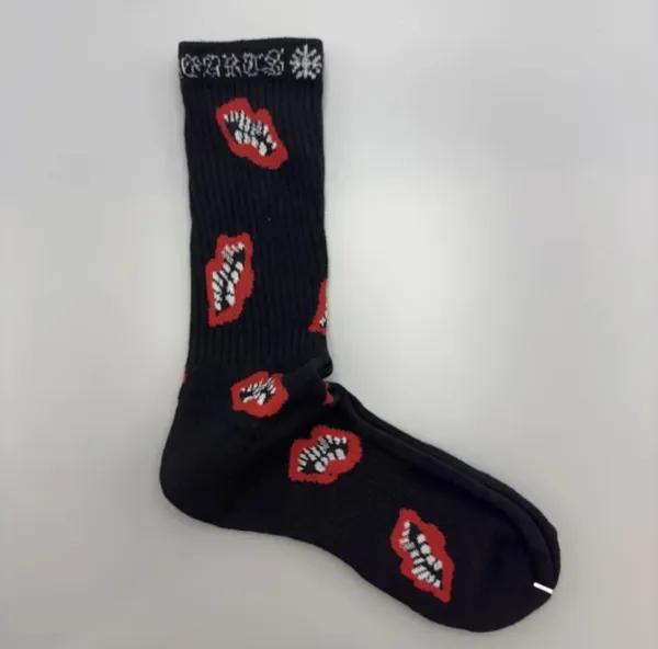 Design Lips Print Crew Socks Black - 1