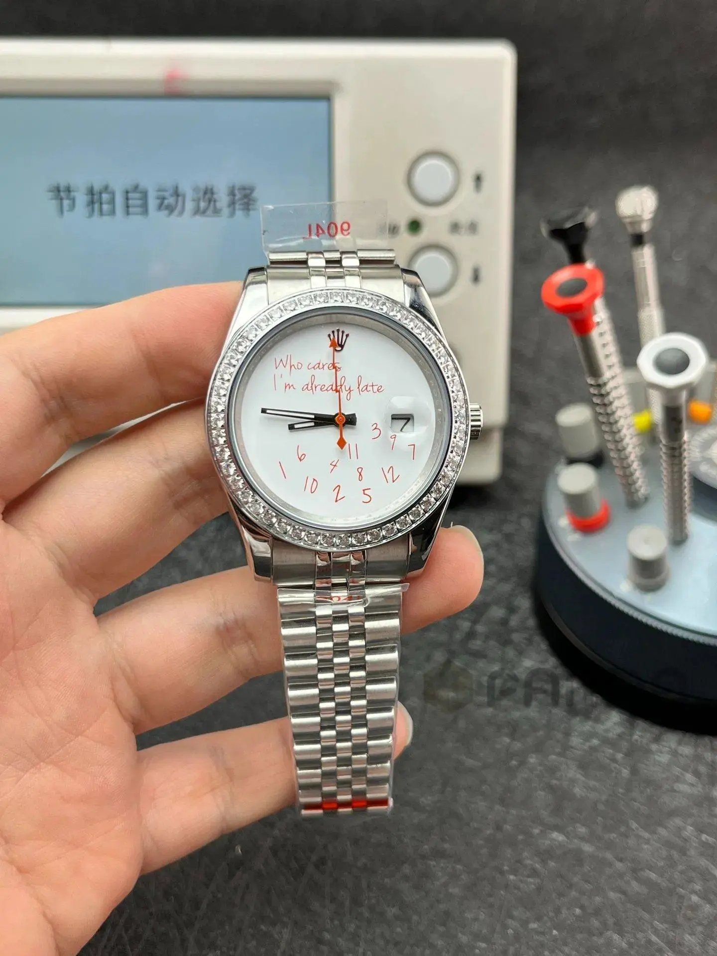 Rolex 'Who Cares I'm Already Late' Custom Datejust Watch with Crystal Bezel product photo 4