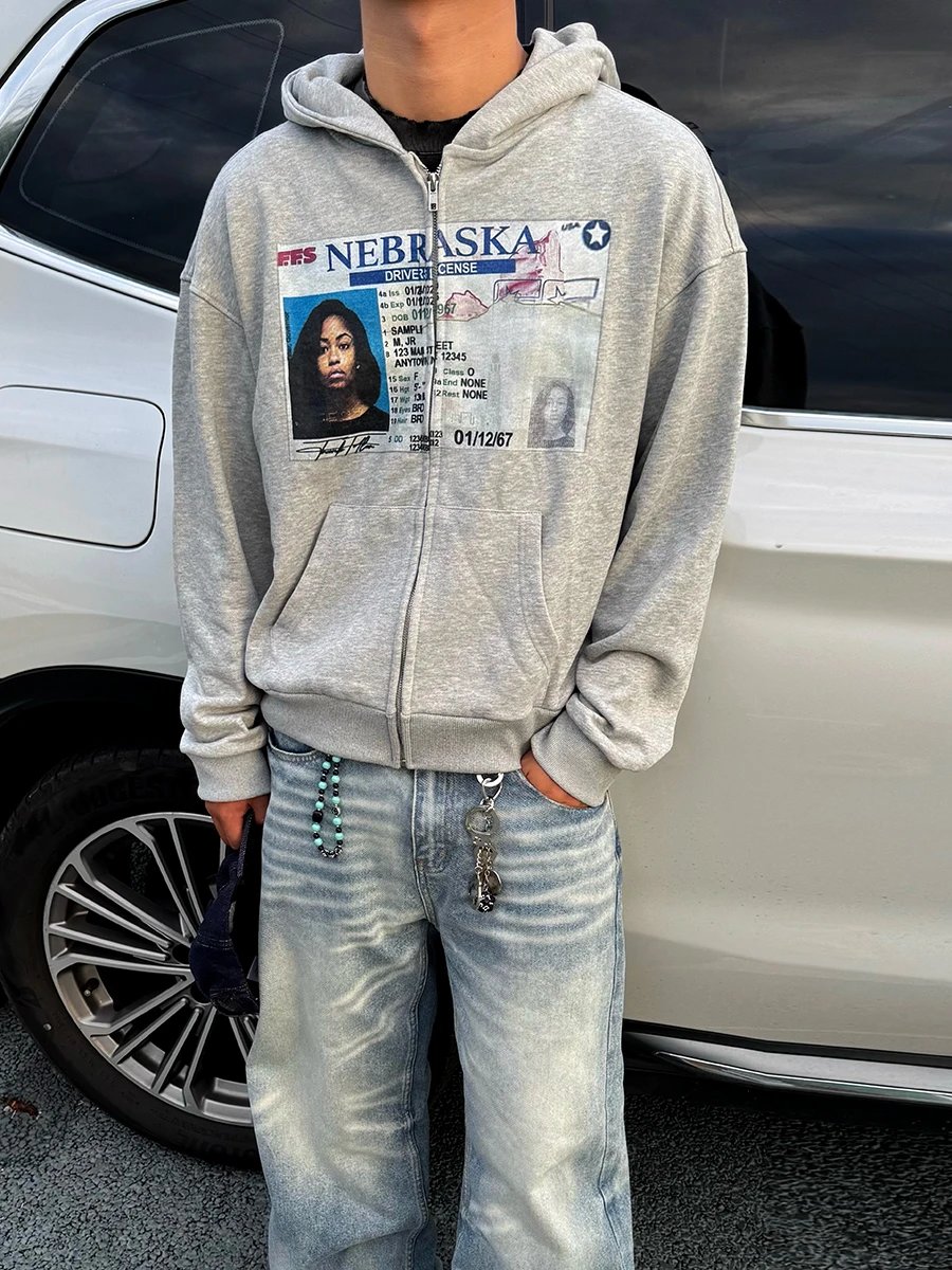 From the Street American-Style Printed Shoulder-Length Hooded Boxy Sweatshirt Cardigan for Men and Women Casual Wear