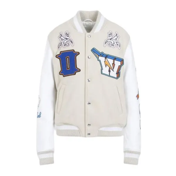 Design Varsity Jacket Beige and White Embroidered Letter Patch Jacket Outerwear Jacket - 1