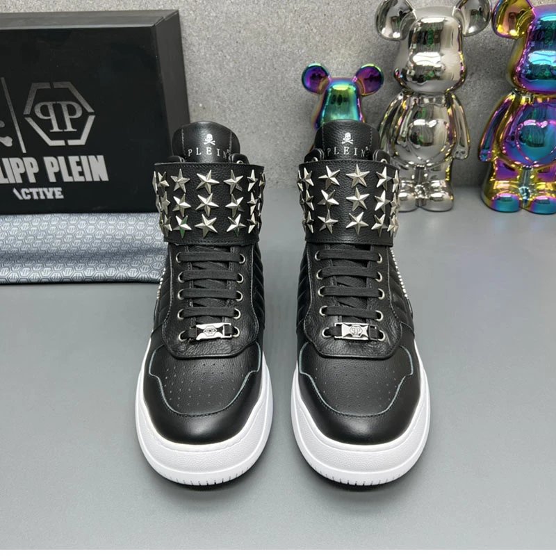 High-Top Men's Leather Shoes, Light Luxury Trendy Brand, Heavy Metal Fashion Casual Shoes, European Style New Autumn and Winter Sneakers for Men