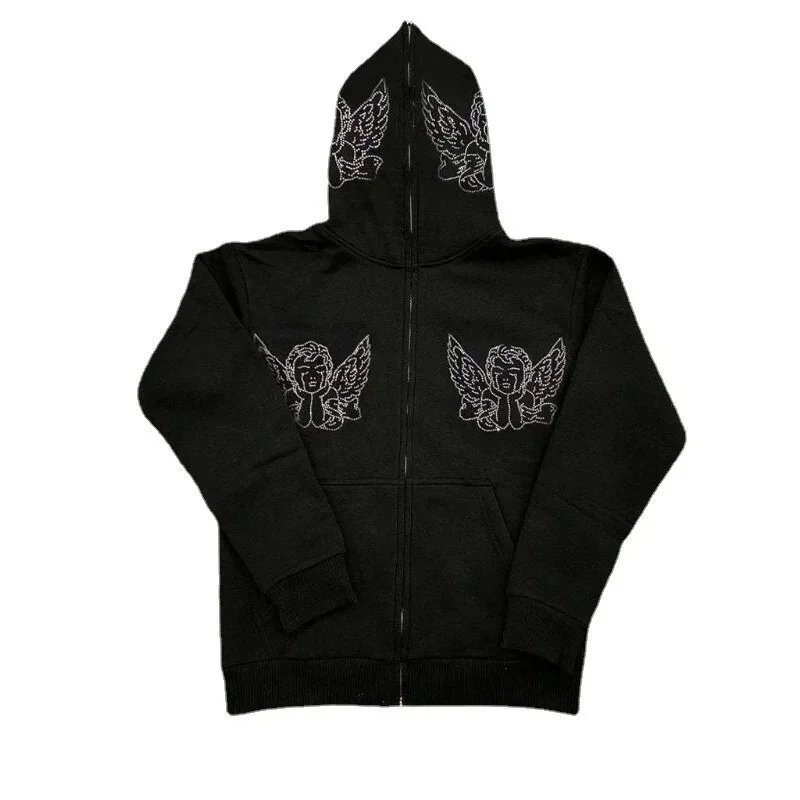 Funny Hoodie European and American Retro Hoodie Couple Style Skull Print Long-Sleeved Lazy Style Zipper Hoodie

