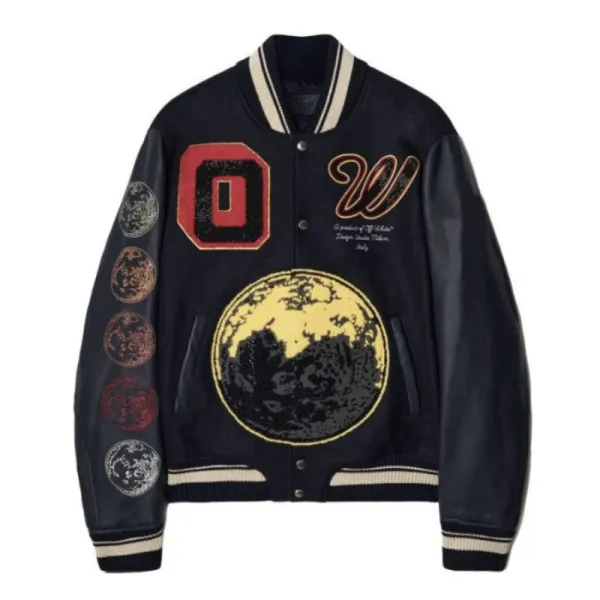 Off-White Varsity Jacket Moon Motif Black Leather-Sleeve Jacket Outerwear - 1