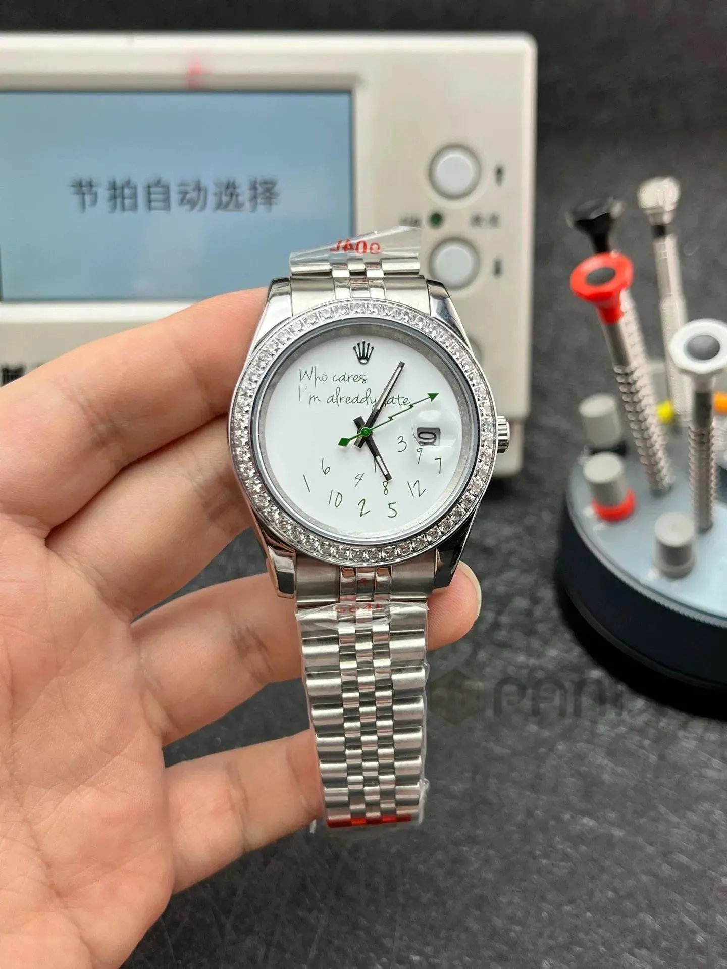 Rolex 'Who Cares I'm Already Late' Custom Datejust Watch with Crystal Bezel product photo 3
