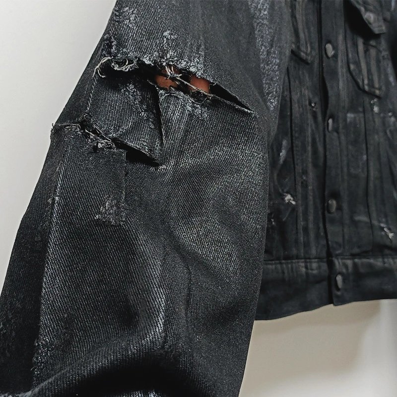 Design Distressed Black Denim Jacket - 3
