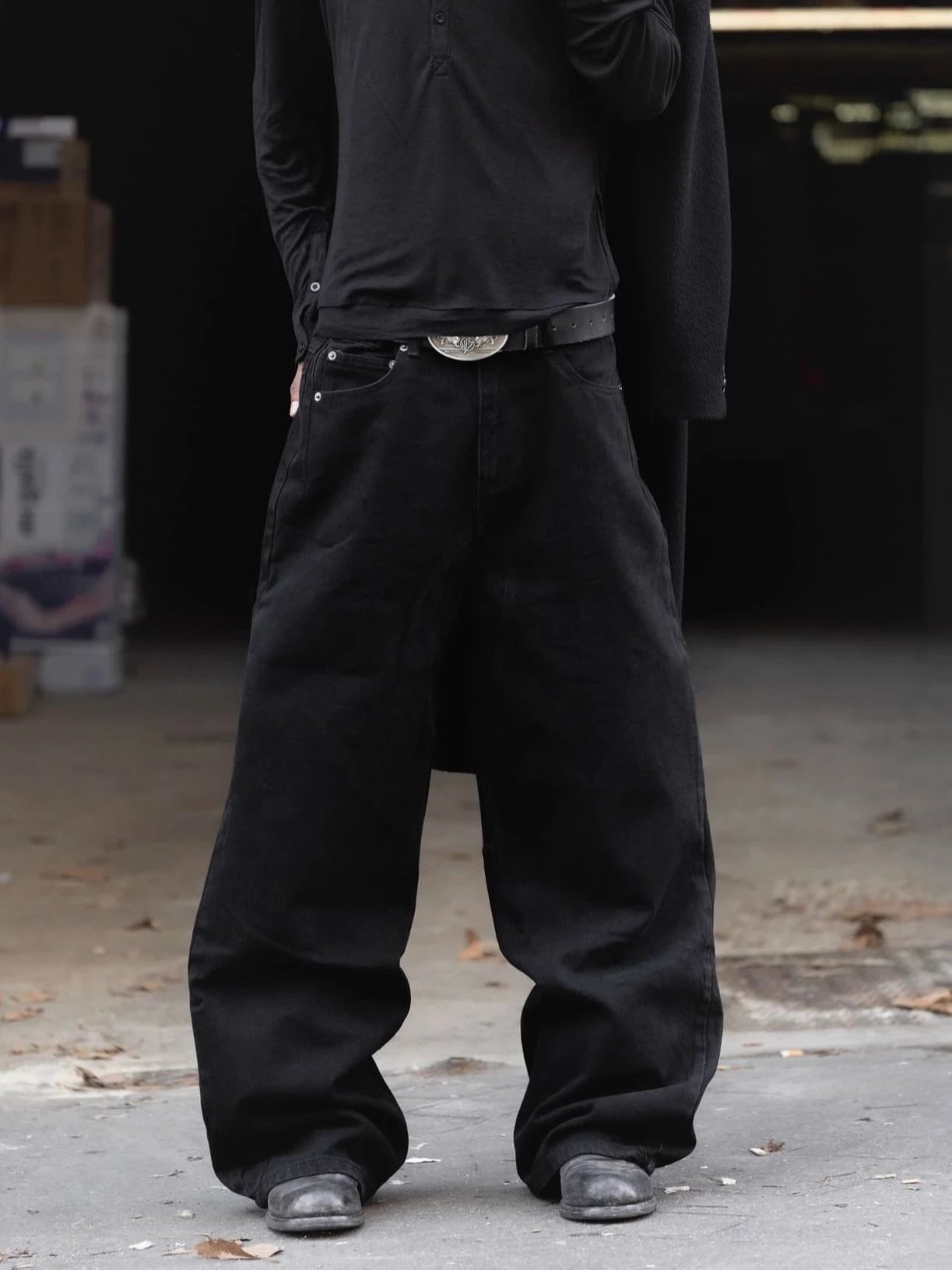 [Perfect Base Layer] Nofaith Loose Baggy Washed Pure Black Denim Comfy B Three-Dimensional Loose pants