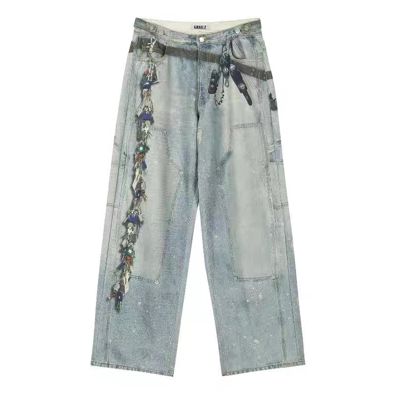 Grailz Project Jeans Digital Print Heart Distressed Wide Leg Carpenter Washed Blue