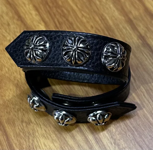Chrome Hearts Floral Stud Leather Cuff Bracelet Black Jewelry - 1