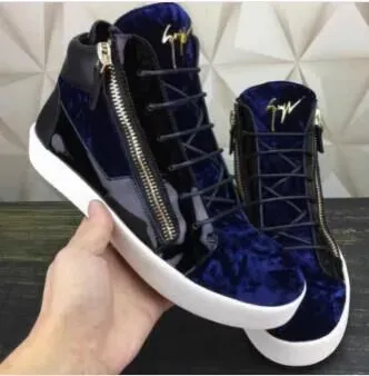 Design Giuseppe Zanotti High-Top Sneakers Navy Velvet with Gold Zipper Sneakers - 1