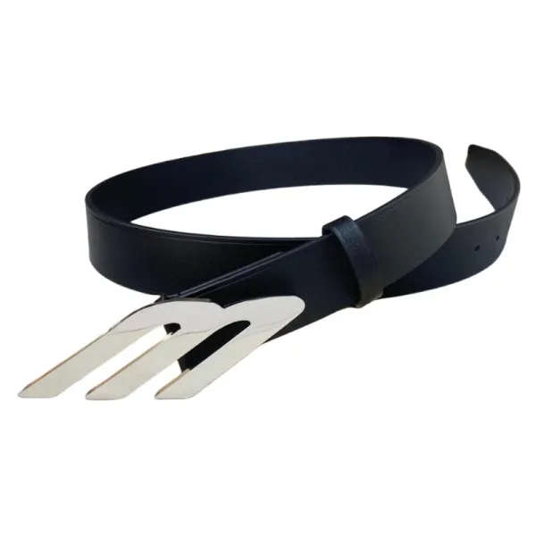 Design Fork Buckle Leather Belt Black - 1