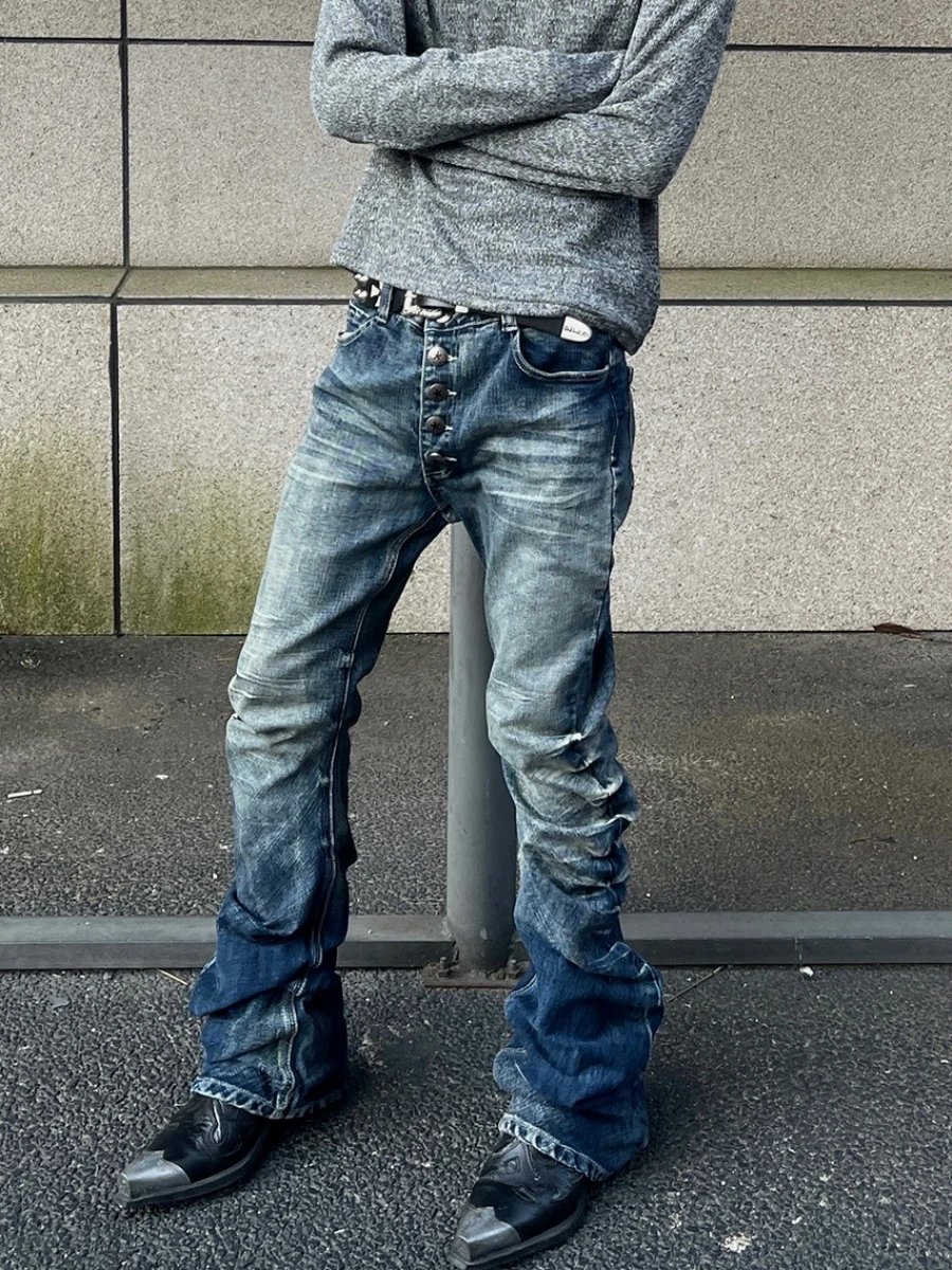 American High Street Retro Vintage Buttoned Pleated Curved Hem Jeans for Men, Straight Slim Fit Casual Stacked Pants