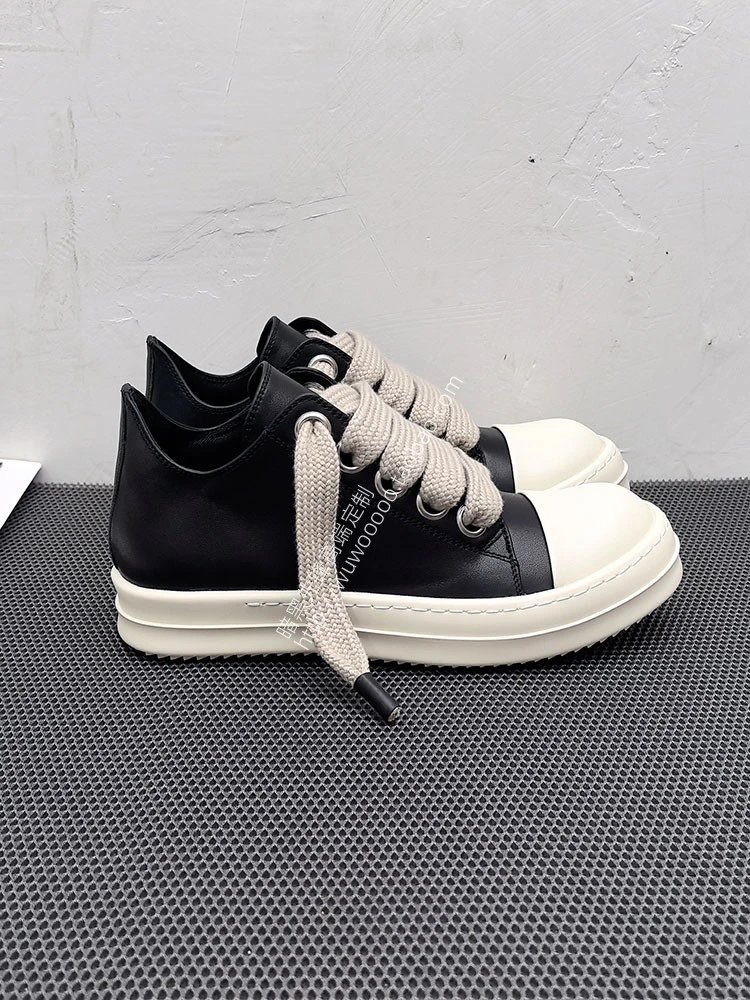 2025 New Ro Coarse Lace Leather Thick Bottom Increased Lace Low Top Shoes Men's Internet Celebrity Same Size Large Men's Single Shoes