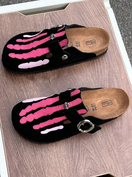 Chrome Hearts x Birkenstock Boston Clog Pink Skeleton Black Suede Slippers - 1