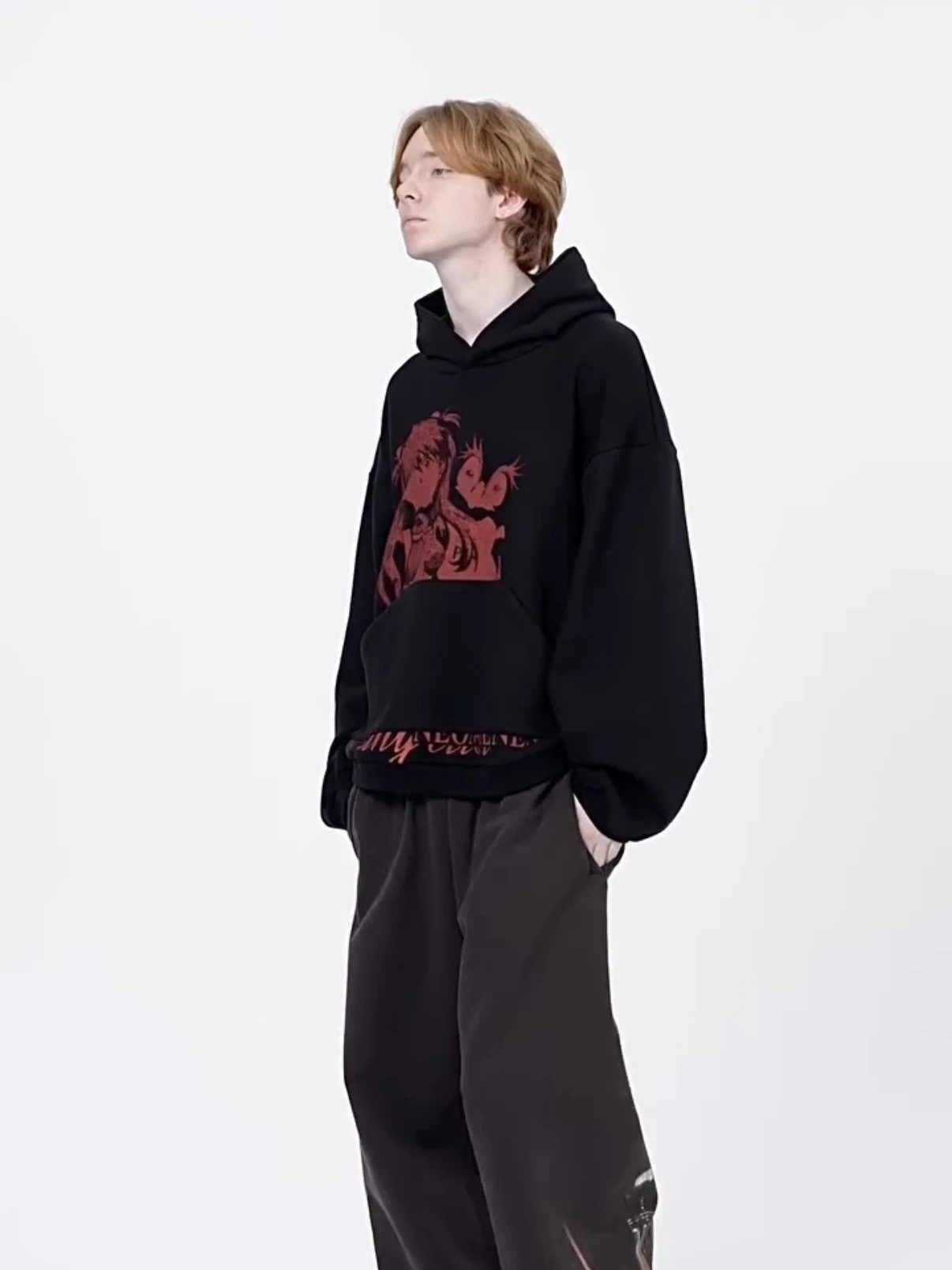 Rough Simmons Nge Hoodie Red Asuka Manga Distressed Washed Loose Hoodie
