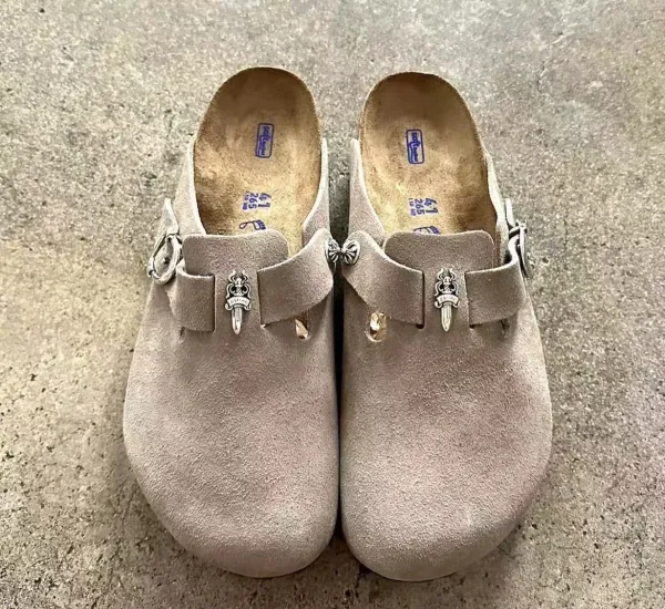 Chrome Hearts x Birkenstock Boston Clog Beige Suede Sandals Slippers - 1
