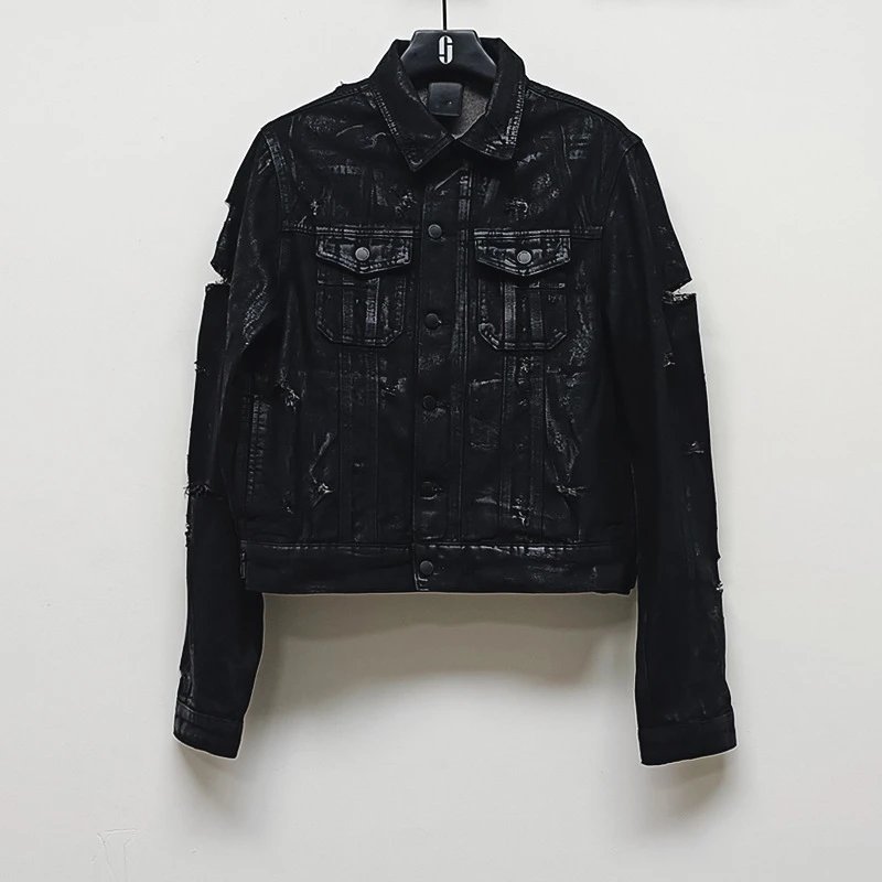 D Black Brush Wax 04ss Hedi Homme Style Laps Hand-Torn Big Distressed Denim Jacket Coat