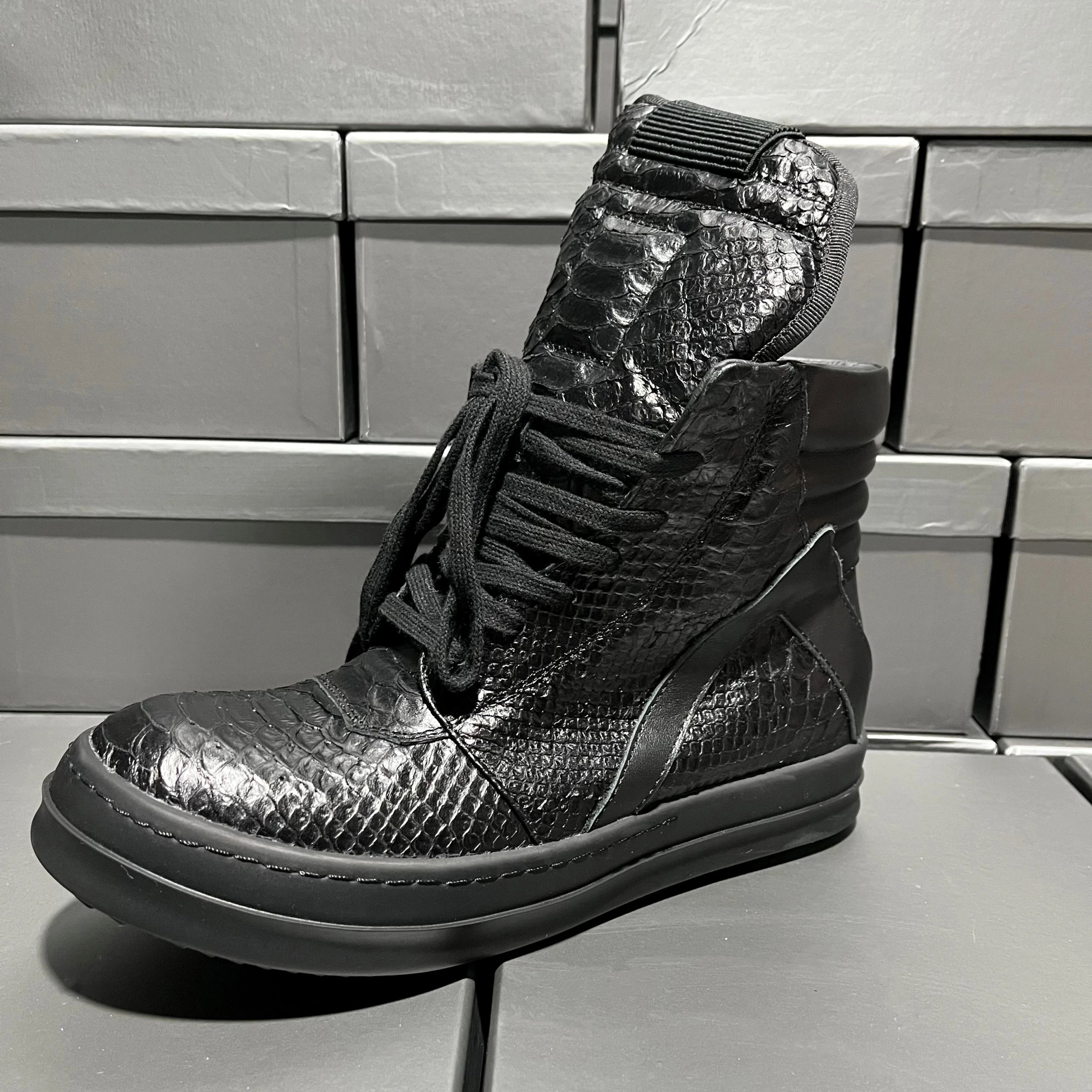 Rick Owens DRKSHDW Python Leather High-Top Sneaker Boots Black