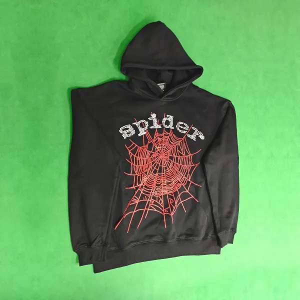 Spider Spider Web Rhinestone Hoodie Black - 1